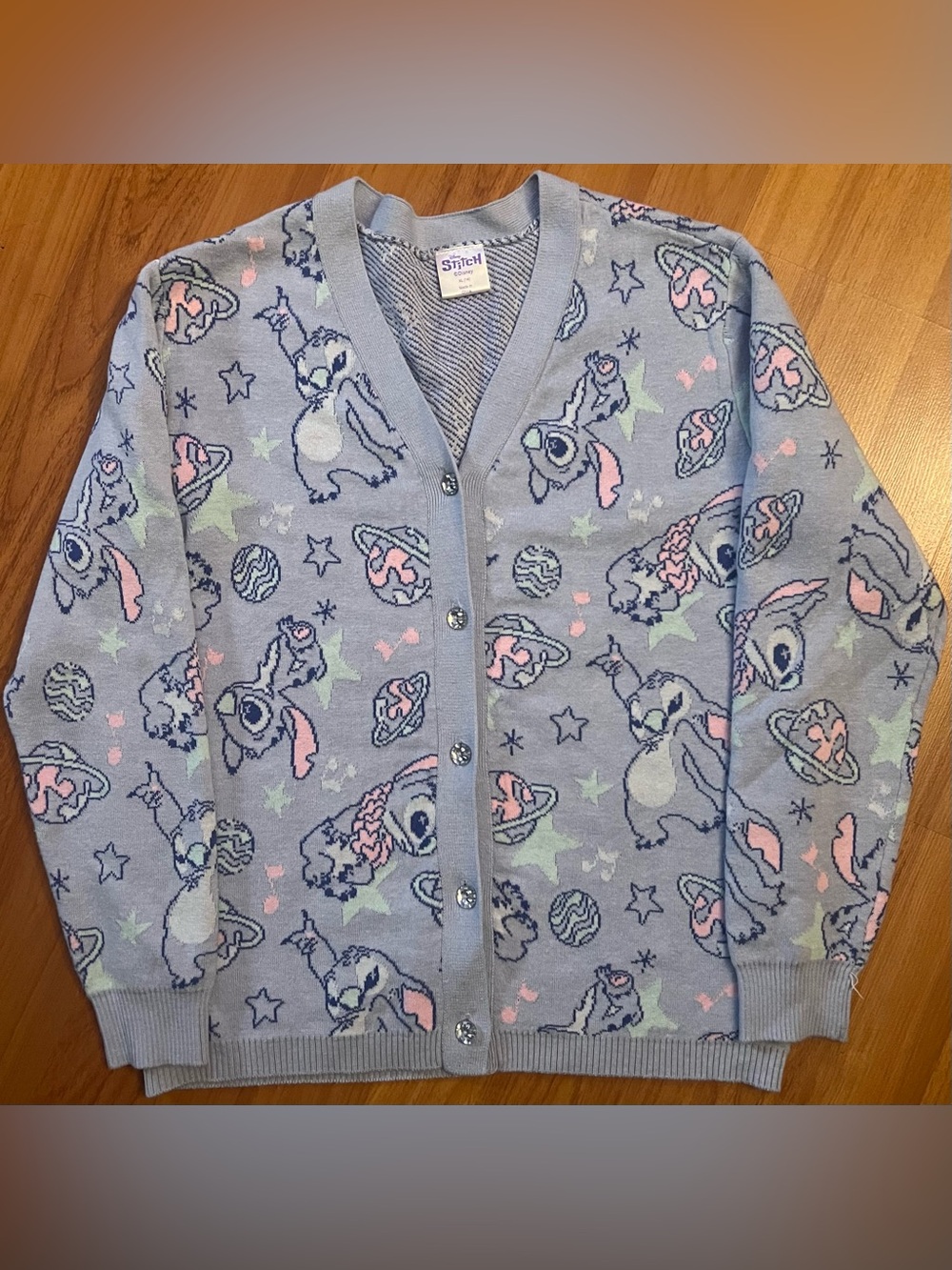 Disney Stitch Light Blue Graphic Print Cardigan Sweater XL 14